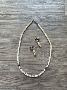 VTG Tiger Puka Shell Genuine Stone Hawaii  Necklace 16.5" MATCHING CLIP EARRINGS